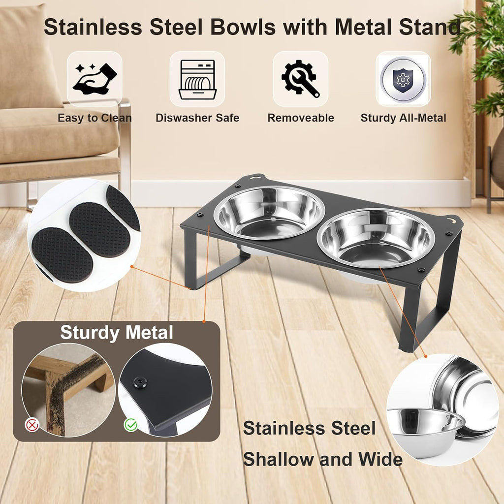 2 Set Elevated Cat Food Water Bowls, 4 Stainless Steel Bowls for Indoor Pet with Cute Metal Stand, 10° Tilted