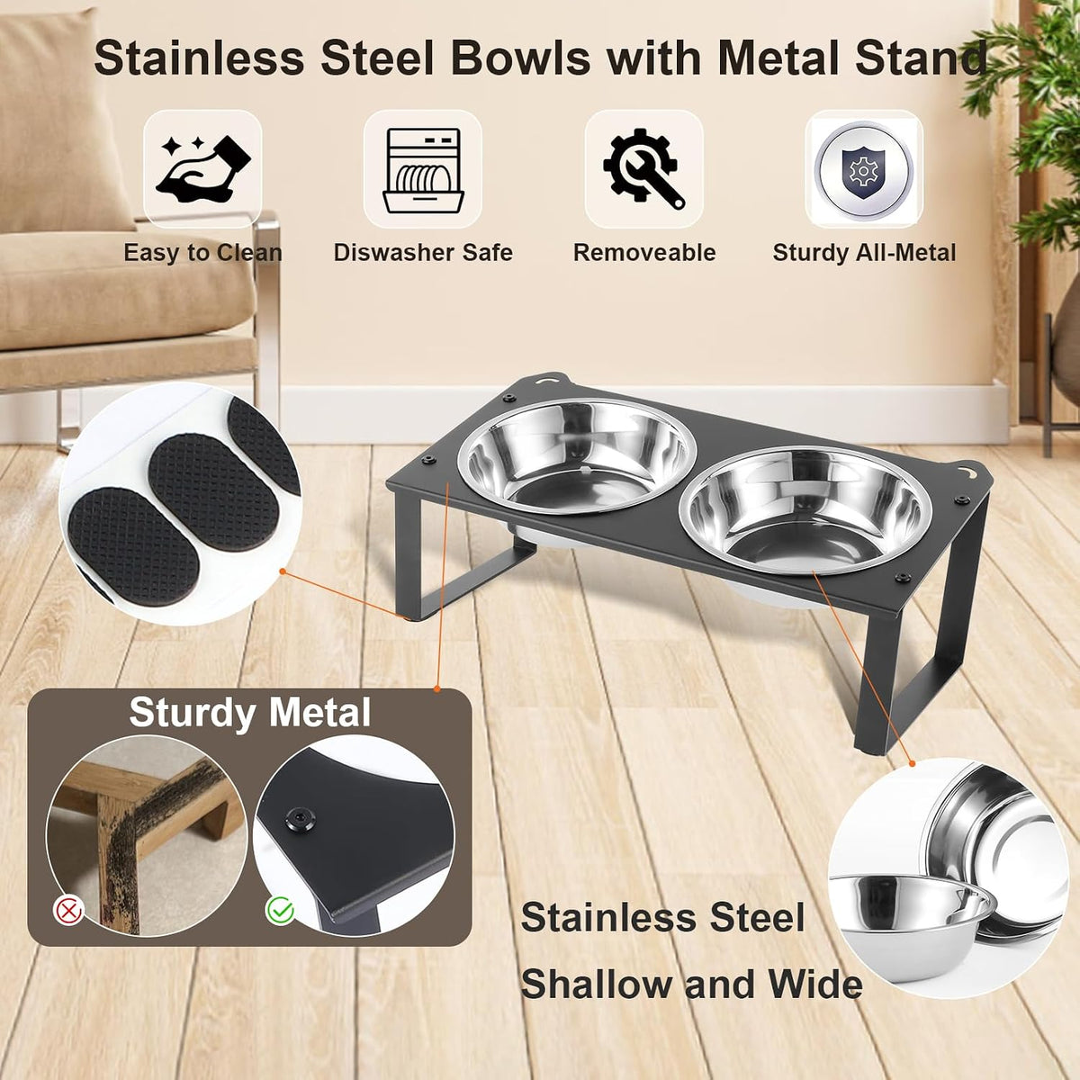 2 Set Elevated Cat Food Water Bowls, 4 Stainless Steel Bowls for Indoor Pet with Cute Metal Stand, 10° Tilted
