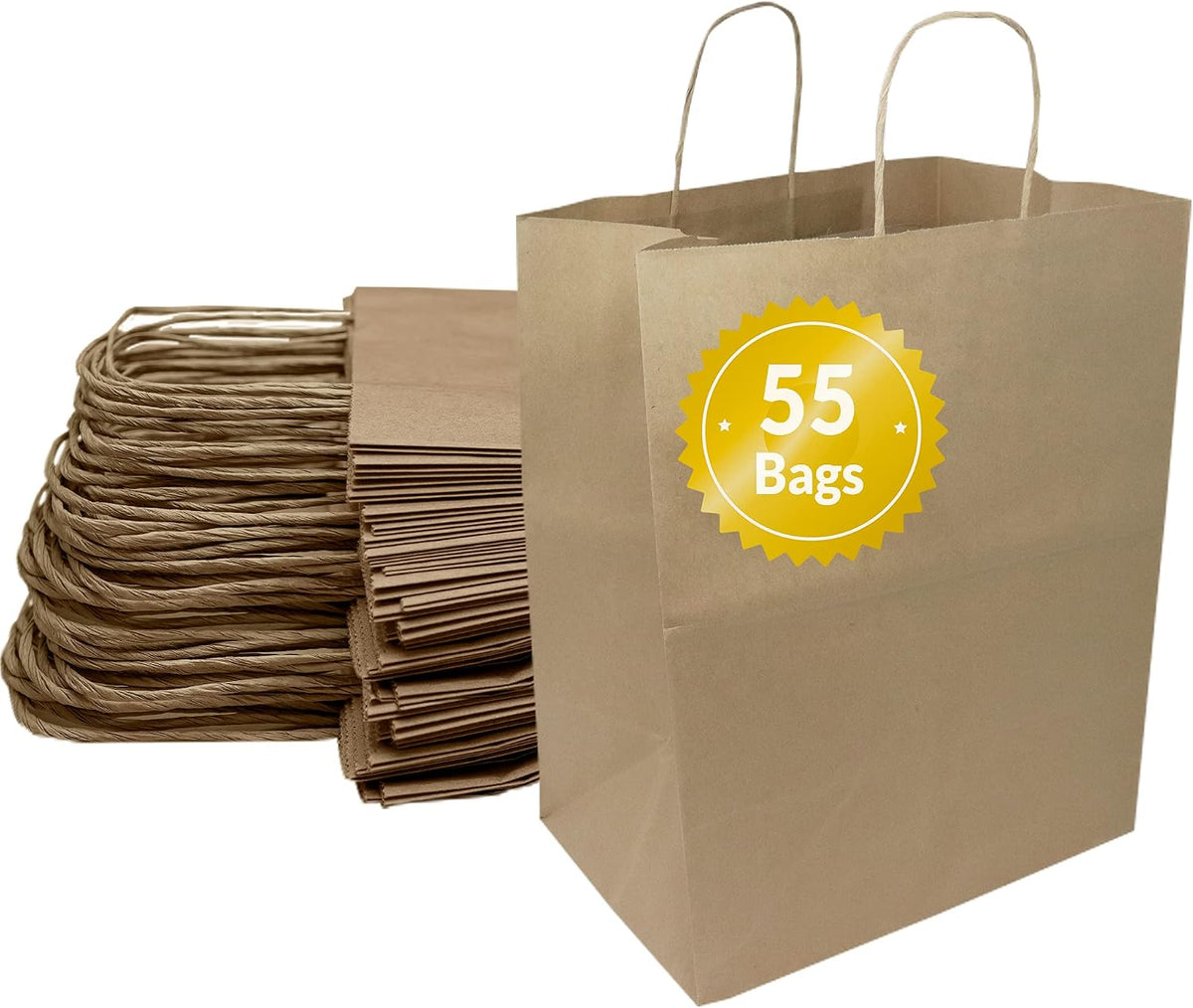 55 Pack Paper Bags with Handles | Kraft Brown