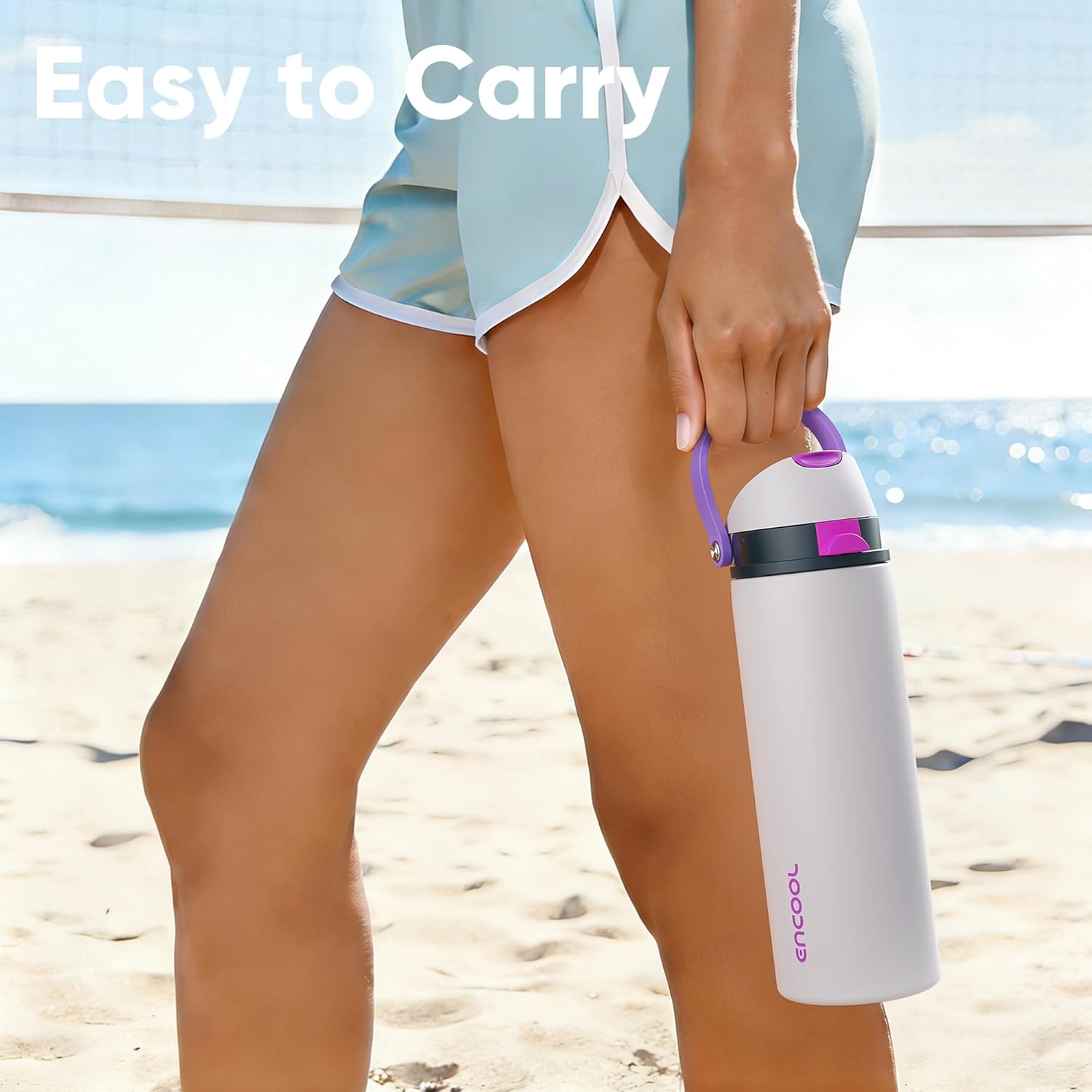 Insulated Water Bottle with Straw - Encool Stainless Steel Water Bottle with Push Button Lid, Leak-Proof & BPA-Free