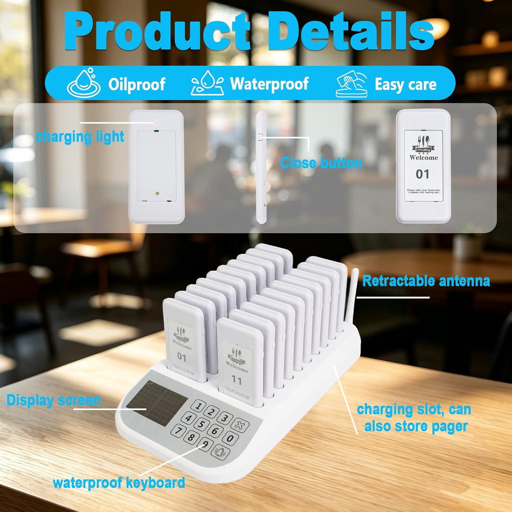 Restaurant Pager System,Social Distancing Buzzer 20 Pagers(White)