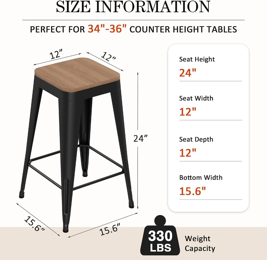 24" Metal Bar Stools Set of 4 Black Counter Height Stools with Wood Seat Stackable Backless Industrial Style Stools