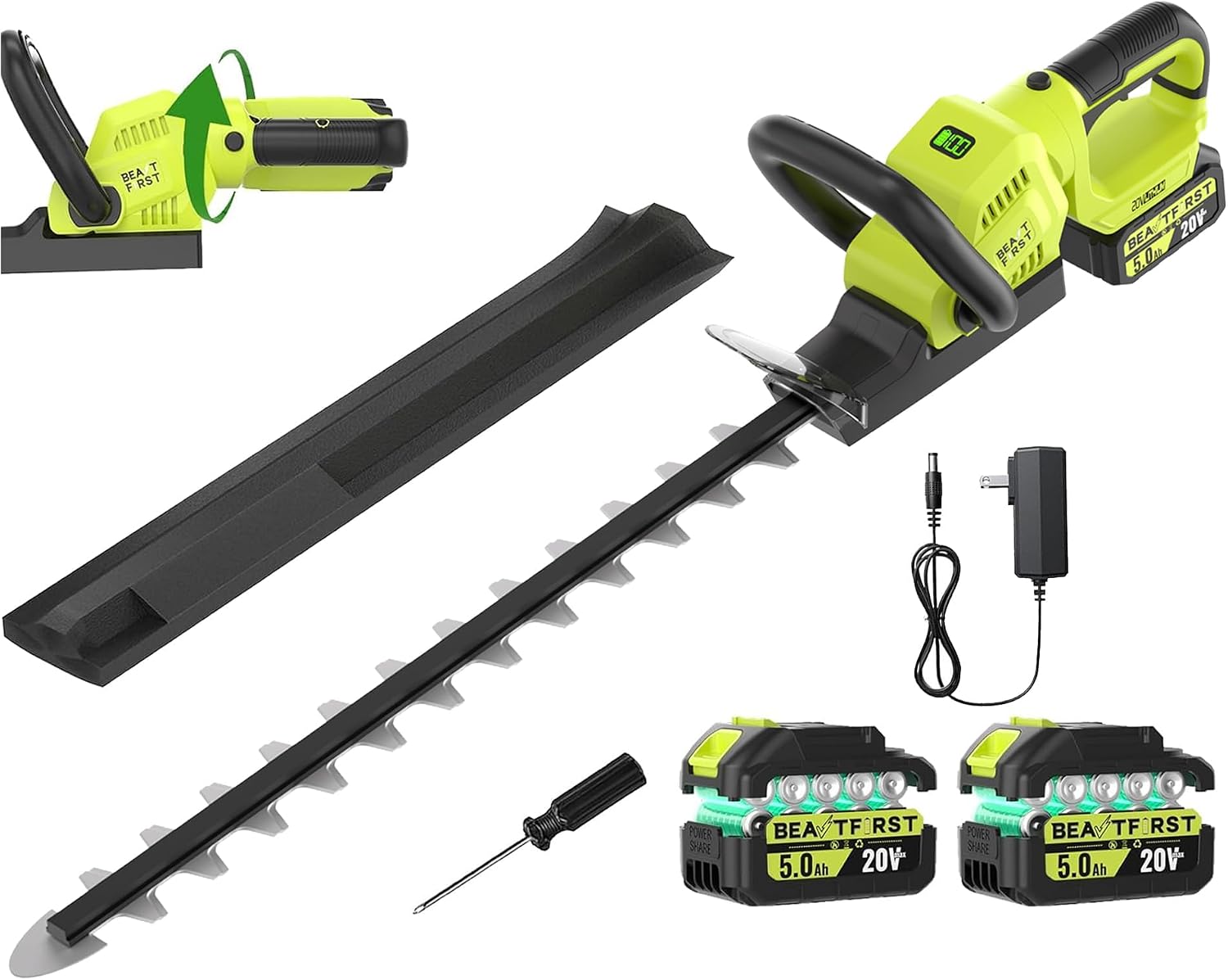22-Inch Hedge Trimmer Cordless with 2x5.0Ah Battery & Charger | 20V Electric Bush & Shrub Trimmer | 180° Rotatable