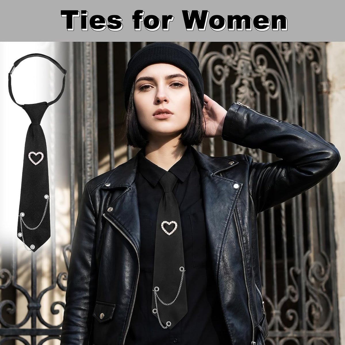 Black Tie for Women, Pre-Tied Ties | Metal Chain Necktie for Women, Adjustable Ties for Uniform, School, Shirt Accessory
