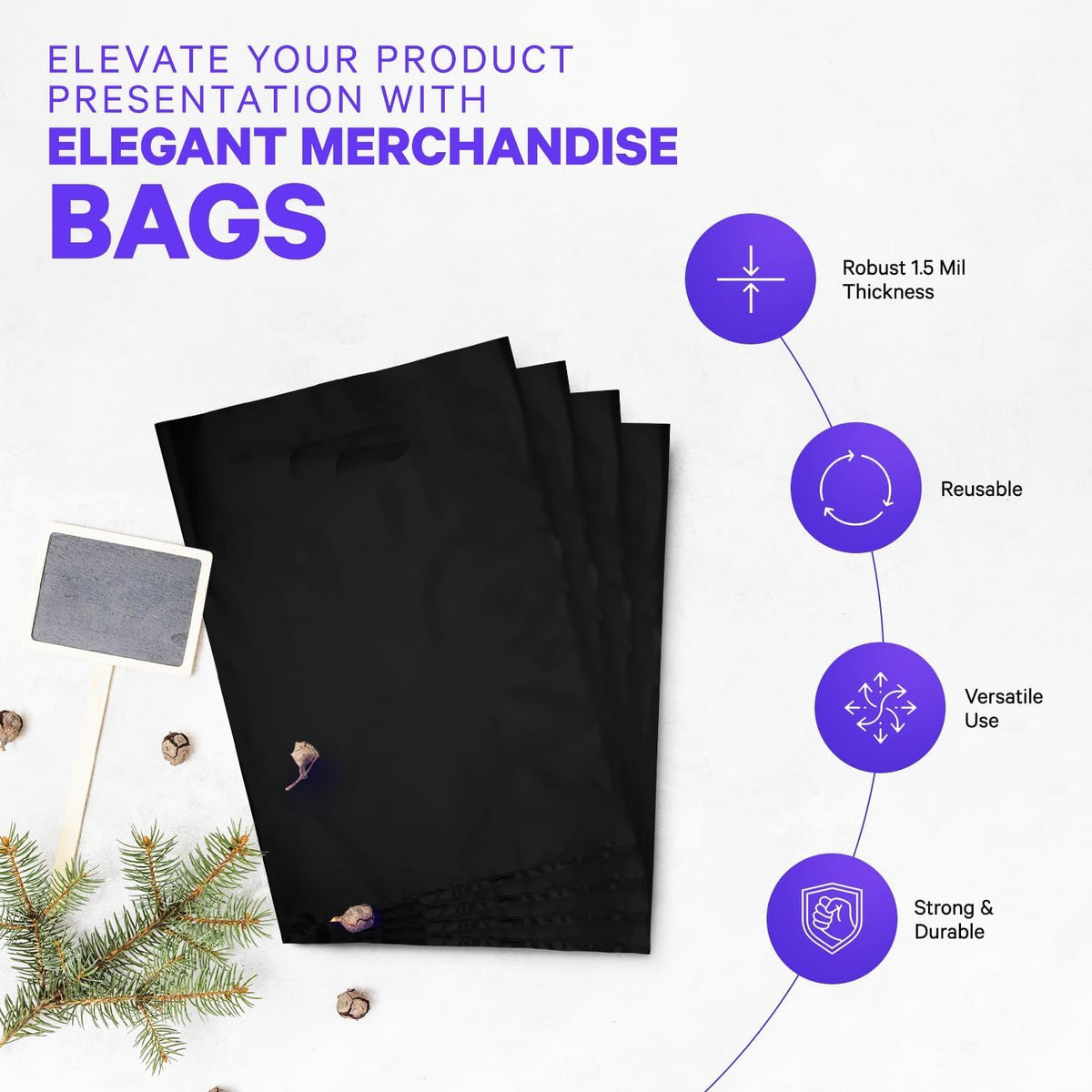 Plastic Merchandise Bags, Black, 12x15 Inches, 100 Pack
