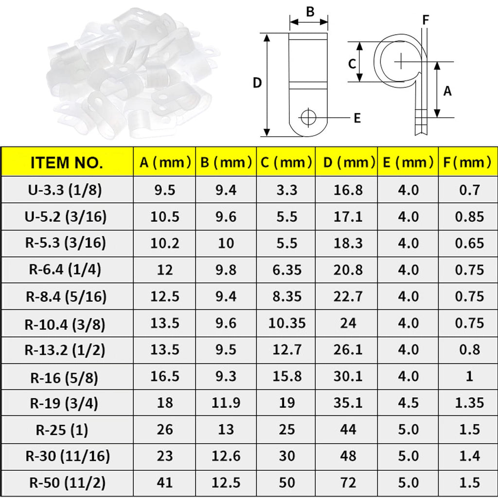 Teansic 200Pcs White Nylon U-Type Cable Clamps, 1/8 Inch Wire Organizer