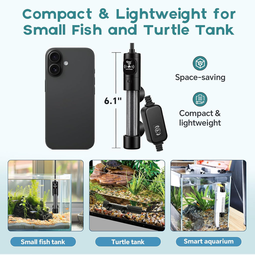 Submersible Aquarium Heater, Small Adjustable Fish Tank Heater with 2 Suction Cups, Temperature Controller