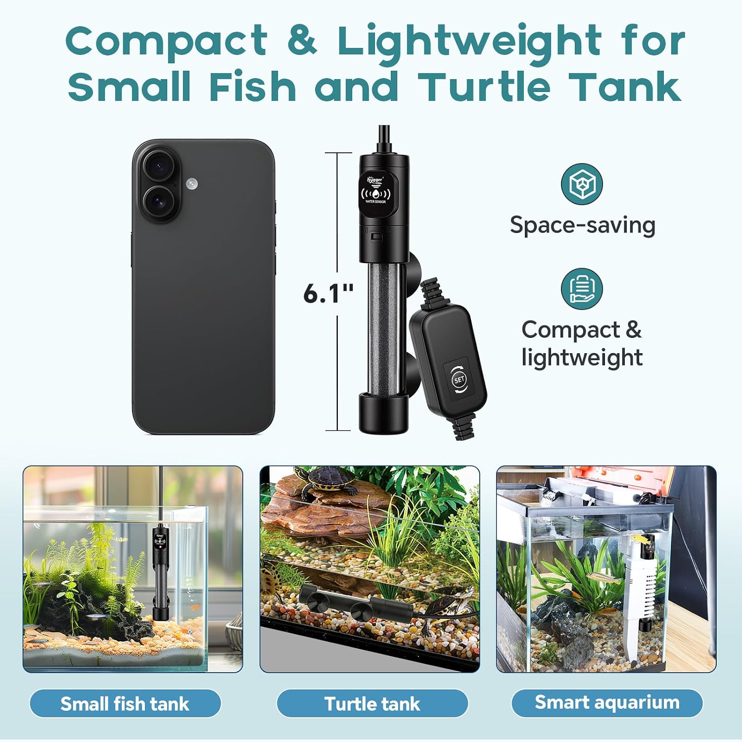 Submersible Aquarium Heater, Small Adjustable Fish Tank Heater with 2 Suction Cups, Temperature Controller