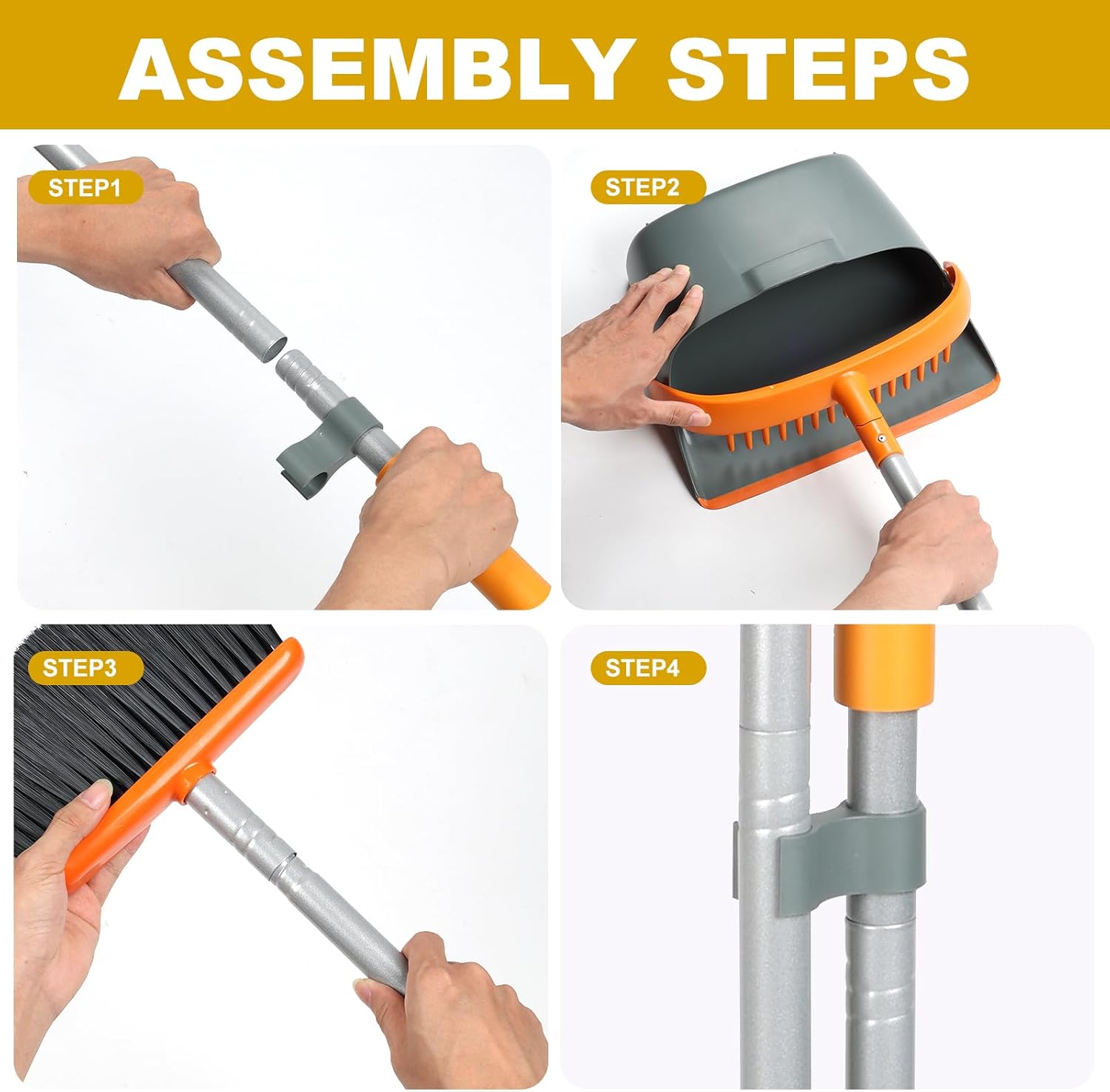 Broom and Dustpan Set with 54 Inch Long Handle - Perfect Dust Pan and Brush Combo for Home Efficient Cleaning (Orange