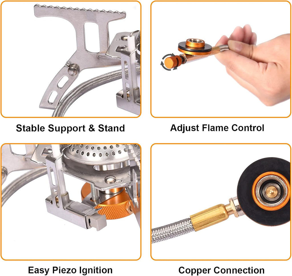 Portable Camping Gas Stove with 1LB Propane Tank Adapter | Foldable Camp Stove Backpacking Stove with Piezo Ignition