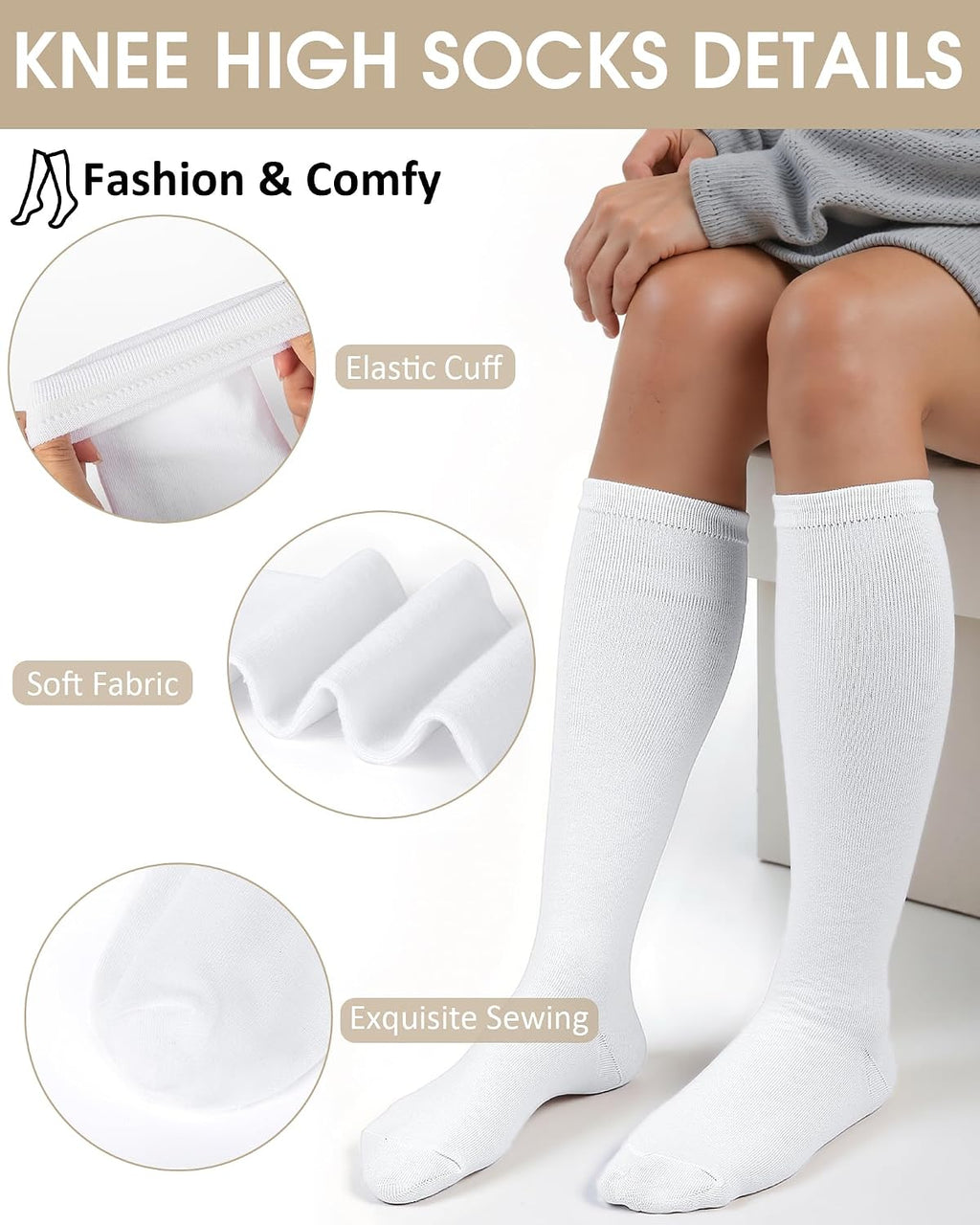 Knee High Socks for Women 4 Pairs, Cotton Long Dress Socks | Elastic Athletic Uniform Stockings, Tall Tube Socks