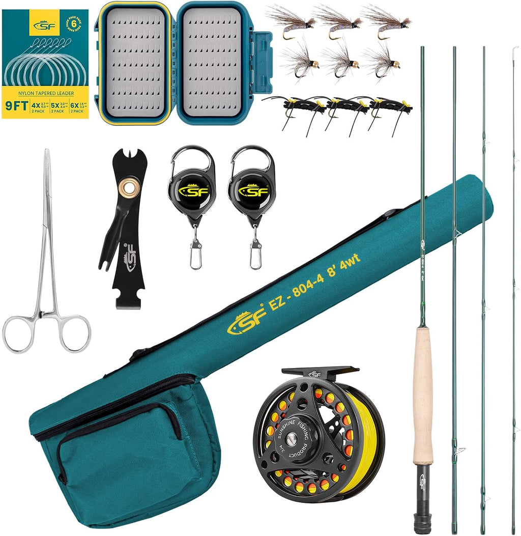 Fly Fishing Rod Combo Starter Kit Semi Gloss Green Jade Finish 24T Carbon Fiber Trout Travel Fly Rod with Reel,Fly