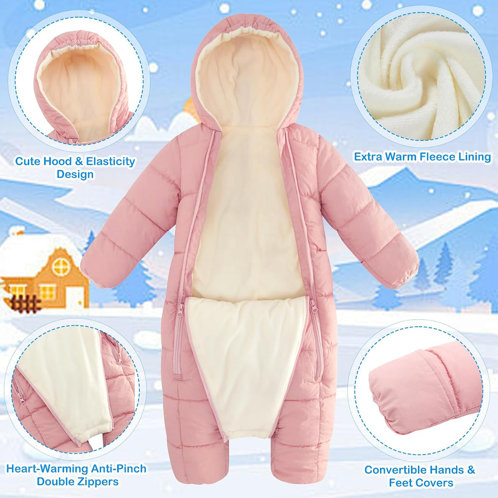 Baby Double Zipper Footed Hooded Fleece Lined Snowsuit 3-24M | Toddler Winter Clothes Infant Girls Boys Padded Puffer