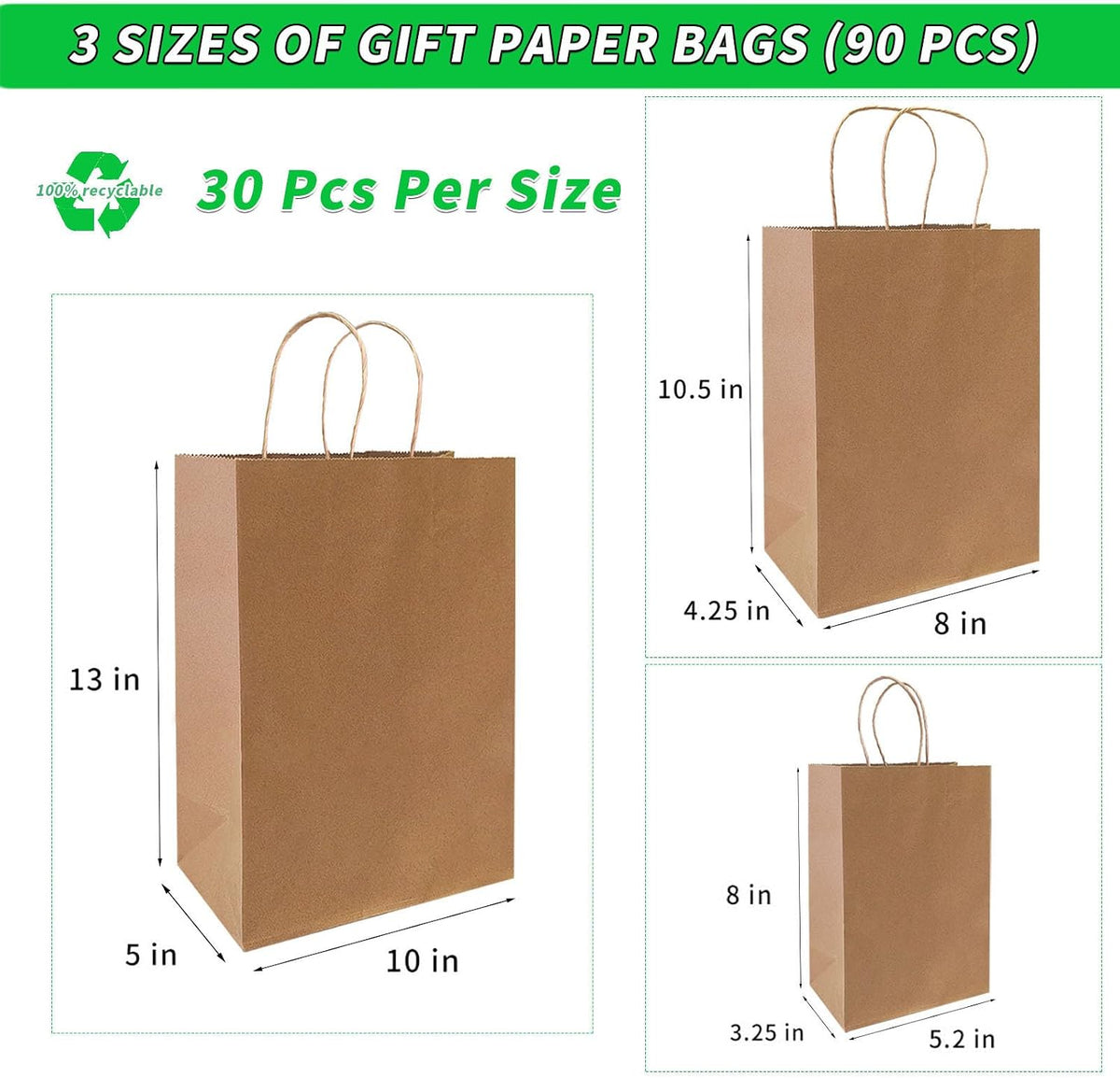 90-Pack Brown Kraft Paper Bags with Handles Bulk, Assorted Sizes Gift