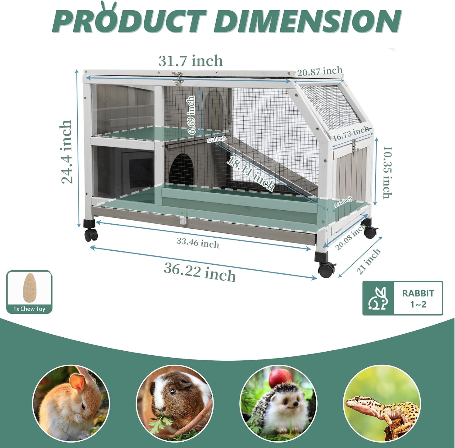Indoor Rabbit Hutch - 36''L Outdoor Wooden Bunny Hutch with Wheels Rabbit Cage Guinea Pig Cages Removable Pull Out