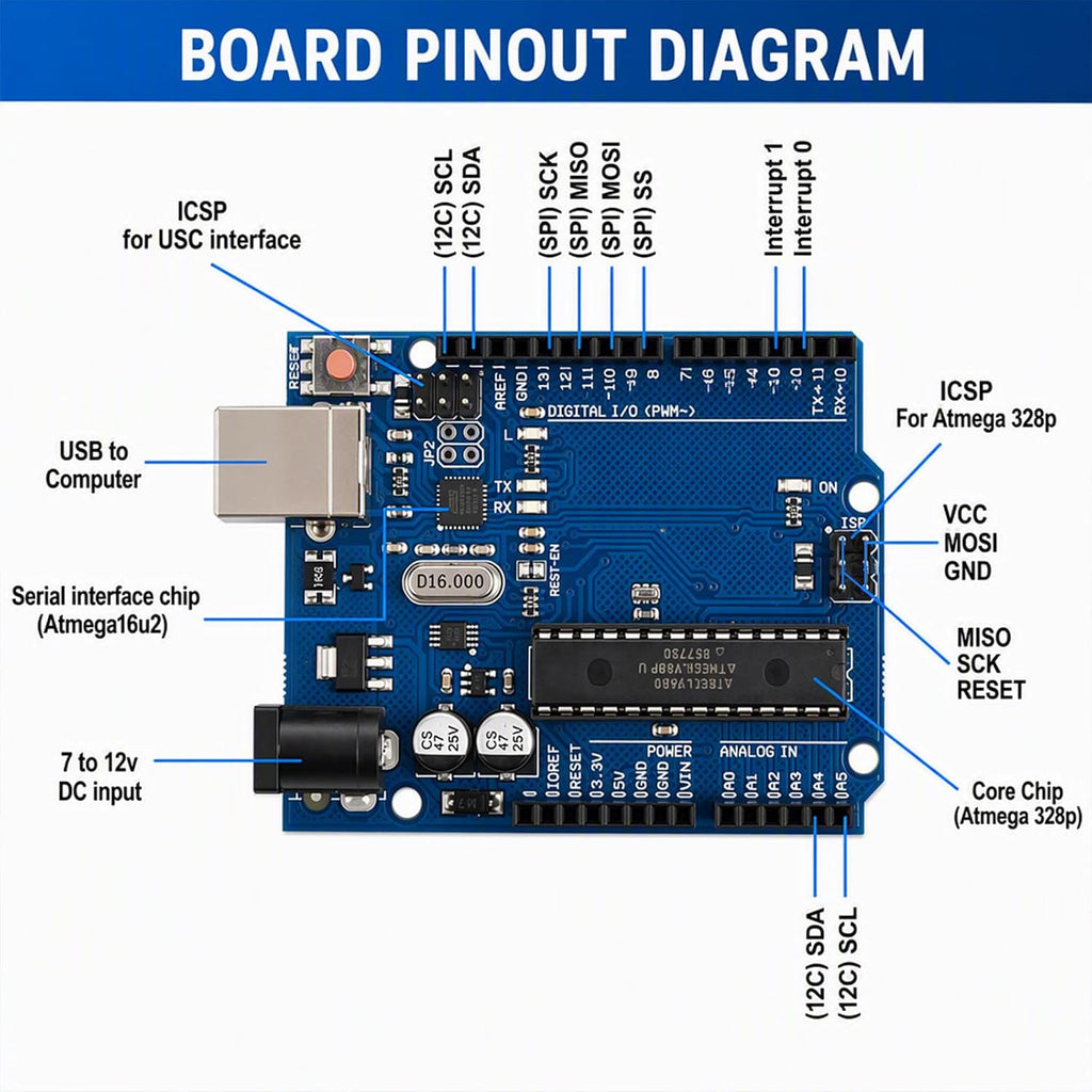 UNO R3 Board, ATmega328P, Includes USB Cable