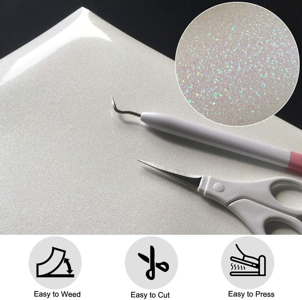White Glitter HTV Heat Transfer Vinyl for T-Shirt | 12" X 10", Shiny and Durable Rainbow White Glitter Sparkle Effect