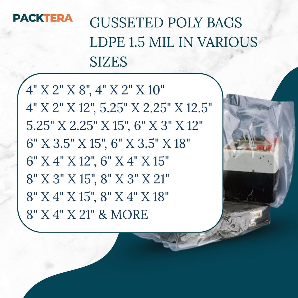 10" X 4" X 24" Gusseted Poly Bags Clear LDPE 1.5 Mil Thickness (Pack of 50) Open Top Food Safe Flexible Plastic