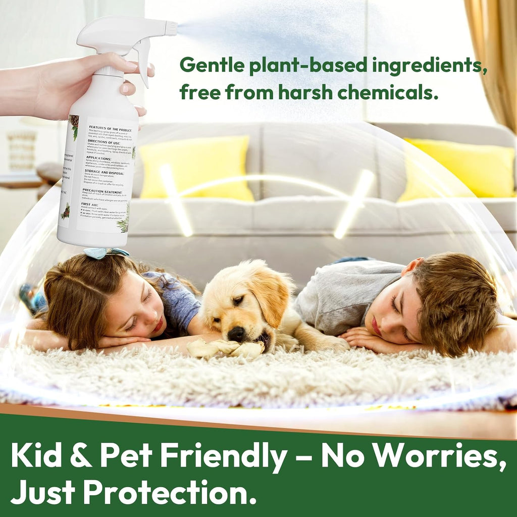 Natural Bed Bug Spray 16oz, Non-Toxic Sprayer, Plant-Based Bedbug & Dust Mite Repellent, Safe for Family & Pets