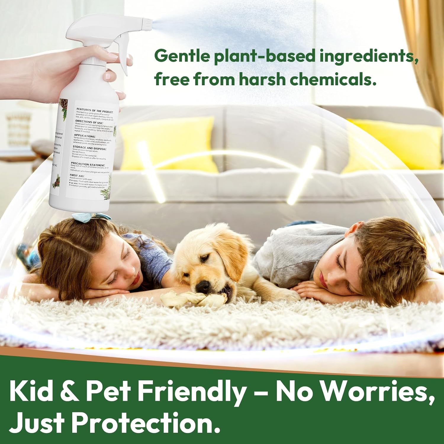 Natural Bed Bug Spray 16oz, Non-Toxic Sprayer, Plant-Based Bedbug & Dust Mite Repellent, Safe for Family & Pets