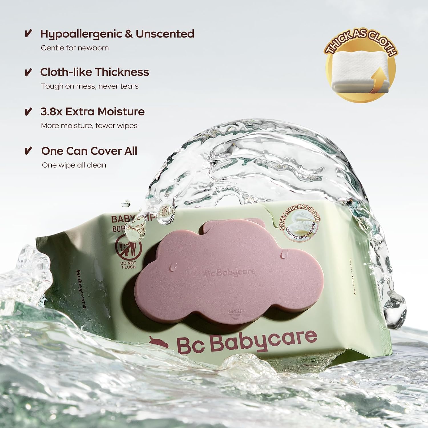 Cloud Moist Baby Wipes, Thick & XL, 99% Water, Ultra-Hydrating, Unscented, Hypoallergenic for Sensitive Skin