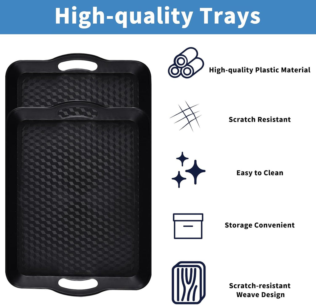 Plastic Tray with Handles, 2 Pack Multi-Purpose Rectangular Non Slip Restaurant Serving Trays Set for Parties, Coffee