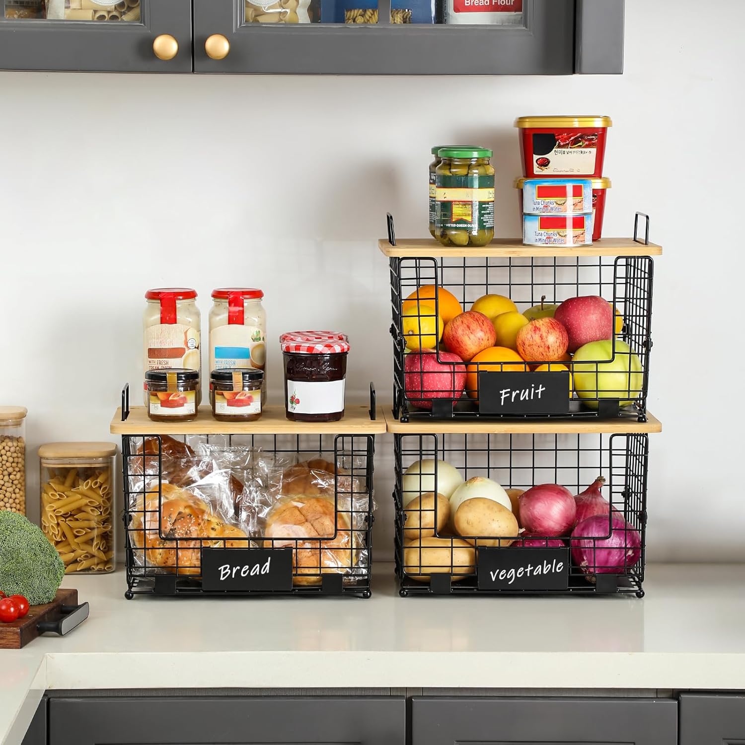 2 Set XL Stackable Wire Basket with Bamboo Tops & Tags- Pantry Organizer and Storage Bins, Kitchen Counter Cabinet