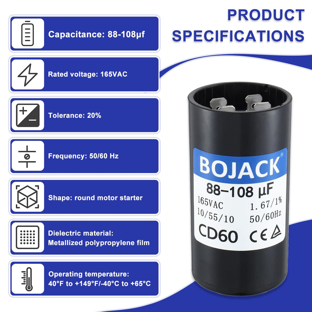 BOJACK 88-108 MFD 165VAC Round Start Capacitor 50/60 Hz AC