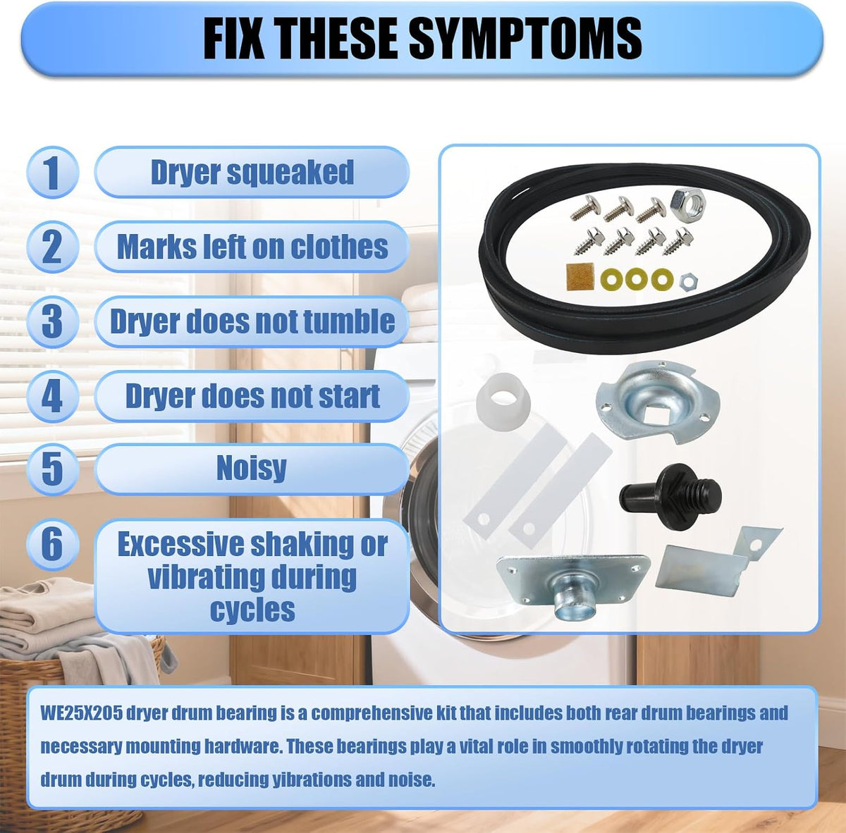 WE25X205 WE25M40 Dryer Belt Drum Bearing Kit Drive Belt Slide Replacement for GE Hotpoint Kenmore Dryer Parts HTDP120ED0WW HTDP120ED3WW HTDP120GD0WW HTDP120GD2WW