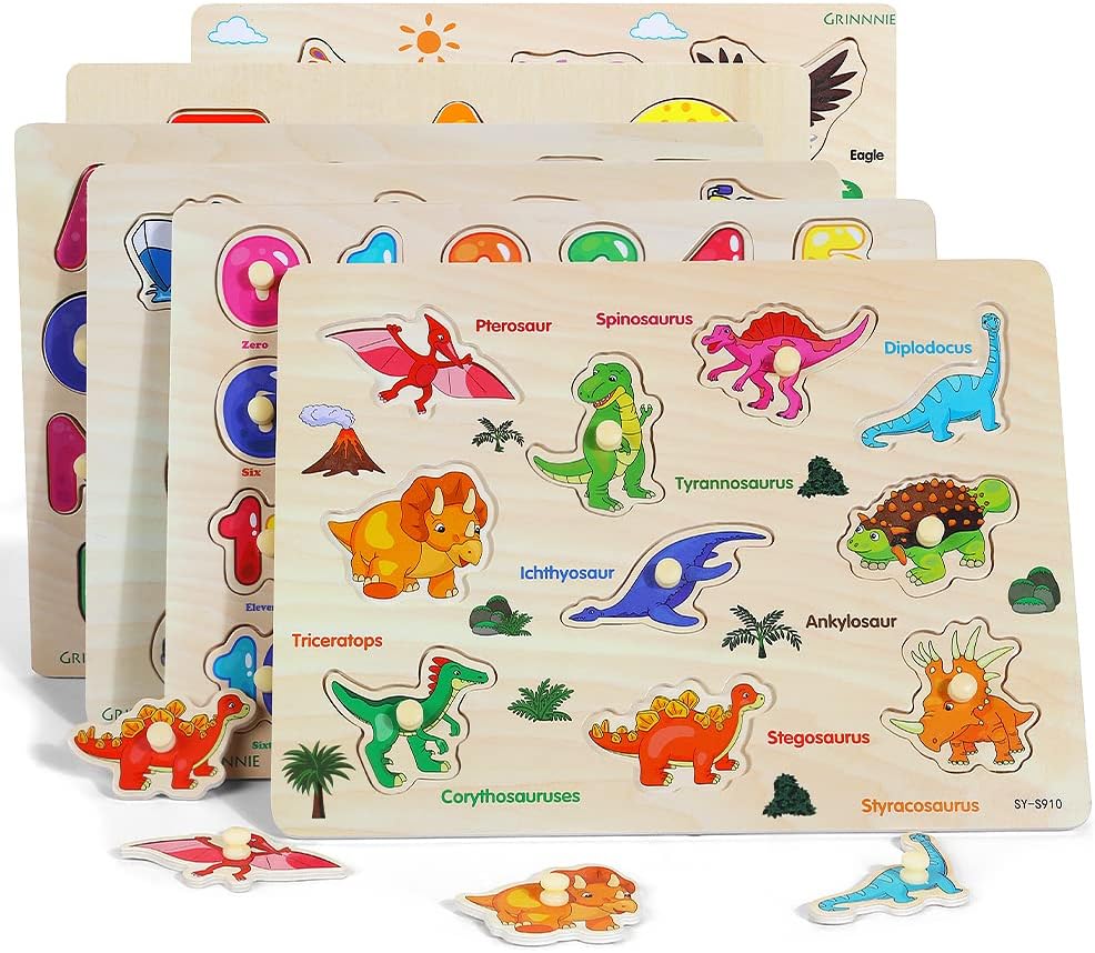 GRINNNIE Wooden Peg Puzzle for Toddlers, 6 Pack Toddler Puzzles Set for 3 4 5 Years Old (Alphabet Number Shape Animal