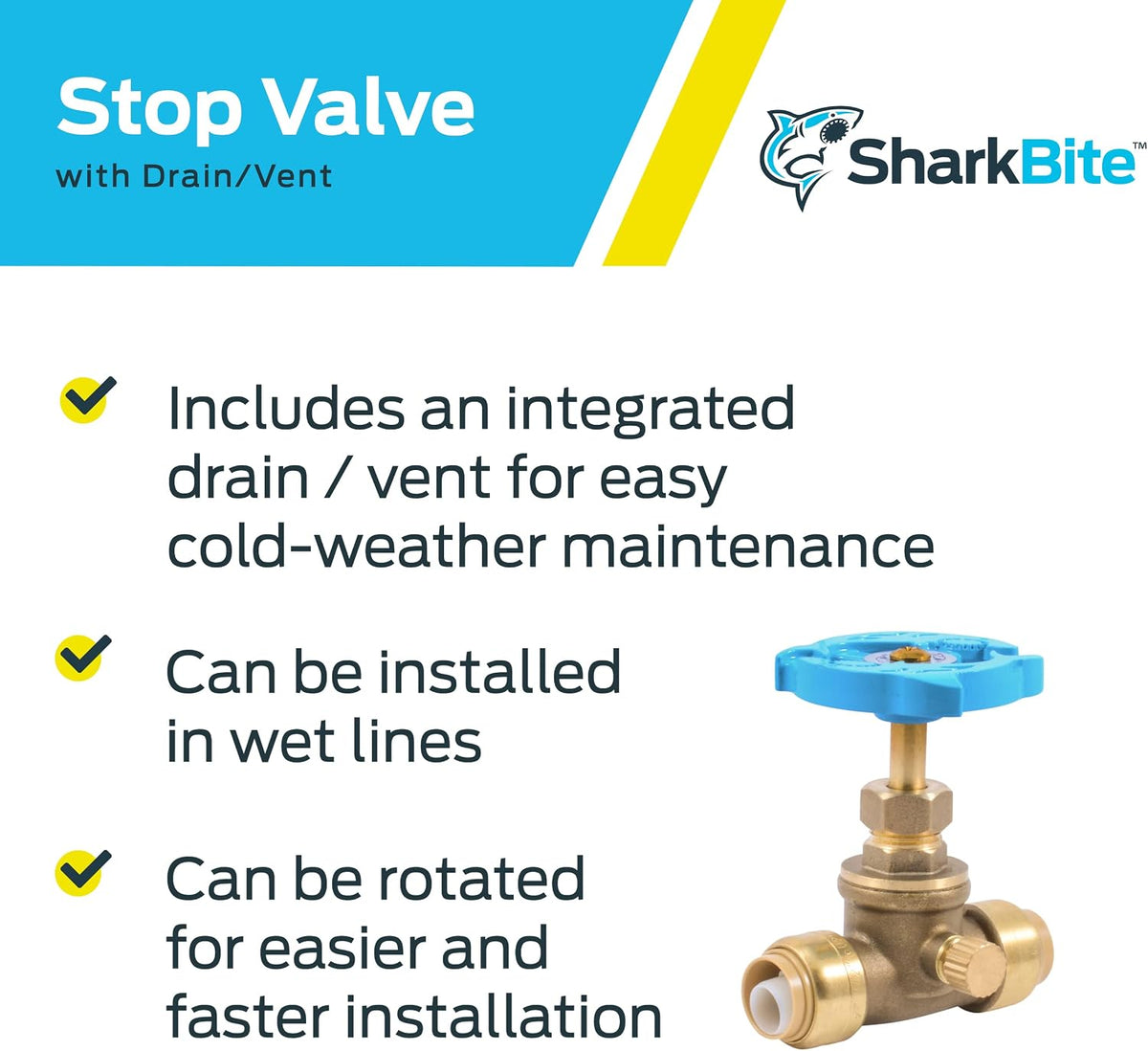 SharkBite 1/2 Inch Stop Valve with Drain and Vent, Push to Connect Brass Plumbing Fitting, PEX Pipe, Copper, CPVC, PE-RT, HDPE, 24634LF