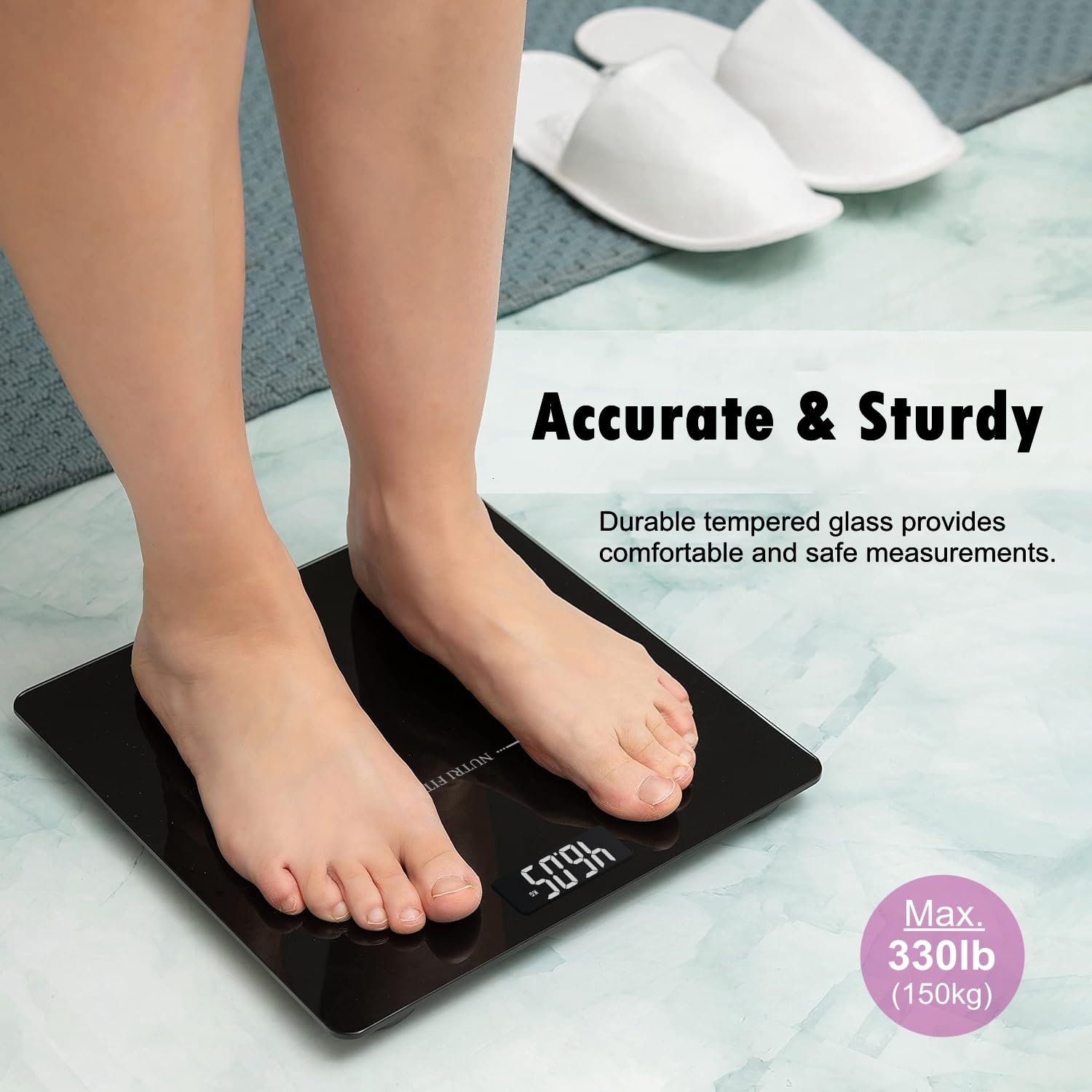 Digital Bathroom Scale for Body Weight Loss Watchers Jet Black | 0.1lb Precision, 330lb Capacity, Backlit LCD Screen