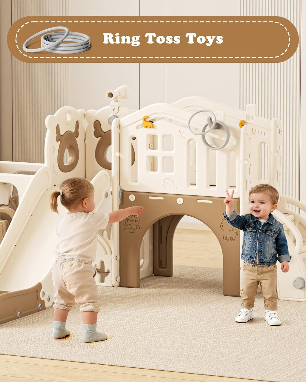 10 in 1 Toddler Slide Set, Bus Themed Kids Slide with Climber, Golf Set, Ring Toss, Basketball Hoop, Indoor Outdoor