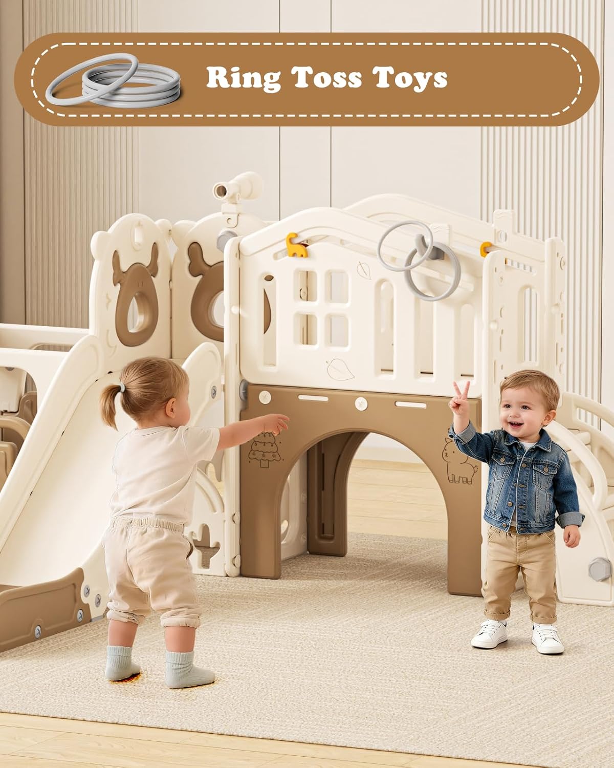 10 in 1 Toddler Slide Set, Bus Themed Kids Slide with Climber, Golf Set, Ring Toss, Basketball Hoop, Indoor Outdoor