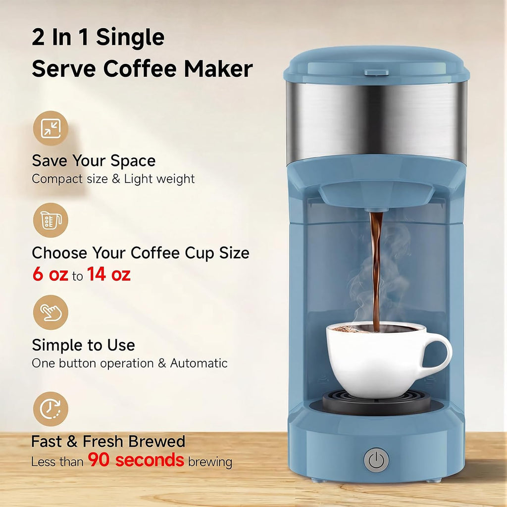 Single Serve Coffee Maker, 2 in 1 Brewer for K Pod & Ground Coffee, 90s Rapid Brew 6 to 14oz Capacities with Auto