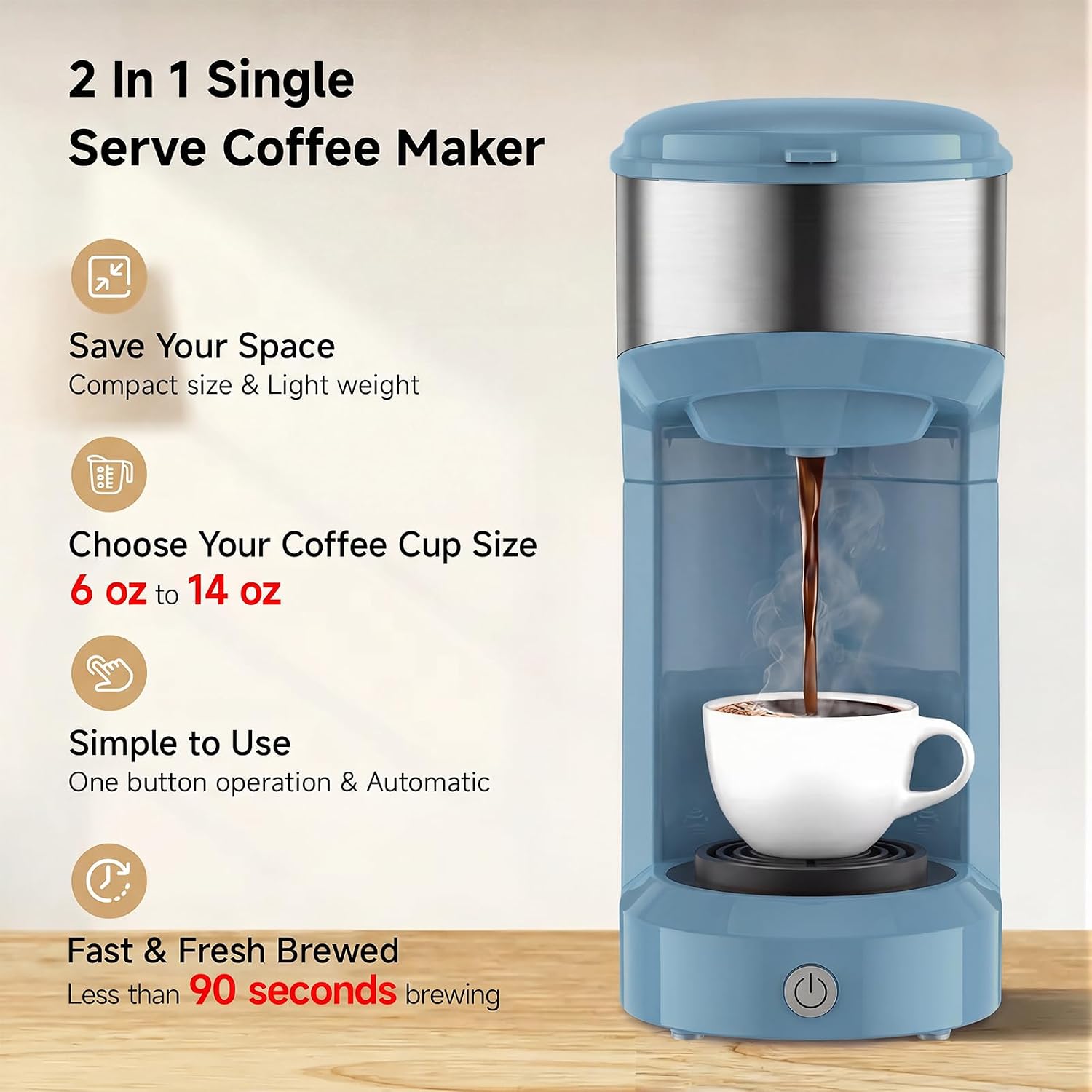 Single Serve Coffee Maker, 2 in 1 Brewer for K Pod & Ground Coffee, 90s Rapid Brew 6 to 14oz Capacities with Auto