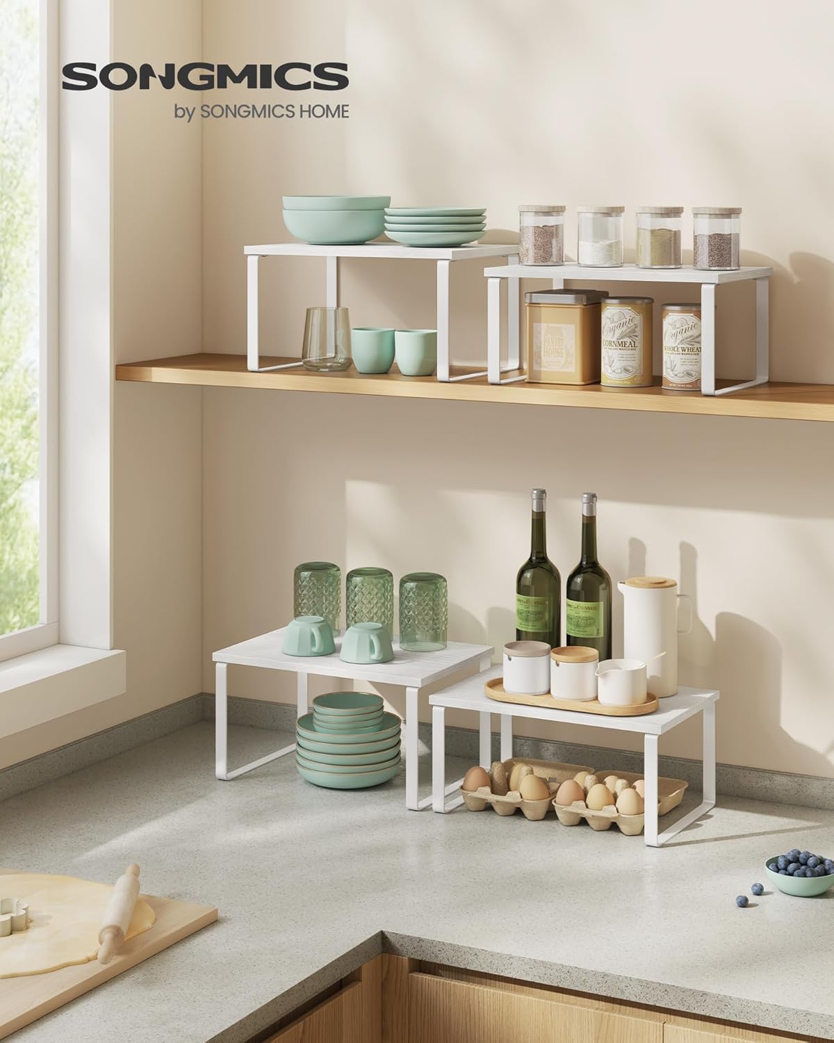 SONGMICS Cabinet Organizer Shelf, Set of 4 Kitchen Counter Shelves, Kitchen Storage, Spice Rack, Stackable