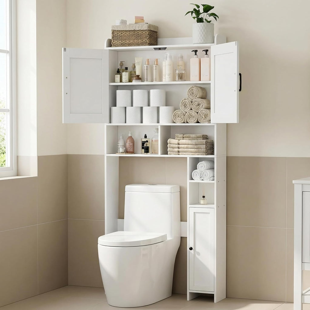 Wooden Over The Toilet Storage Cabinet with Barn Door | Freestanding Bathroom Storage, Toilet Paper Holder