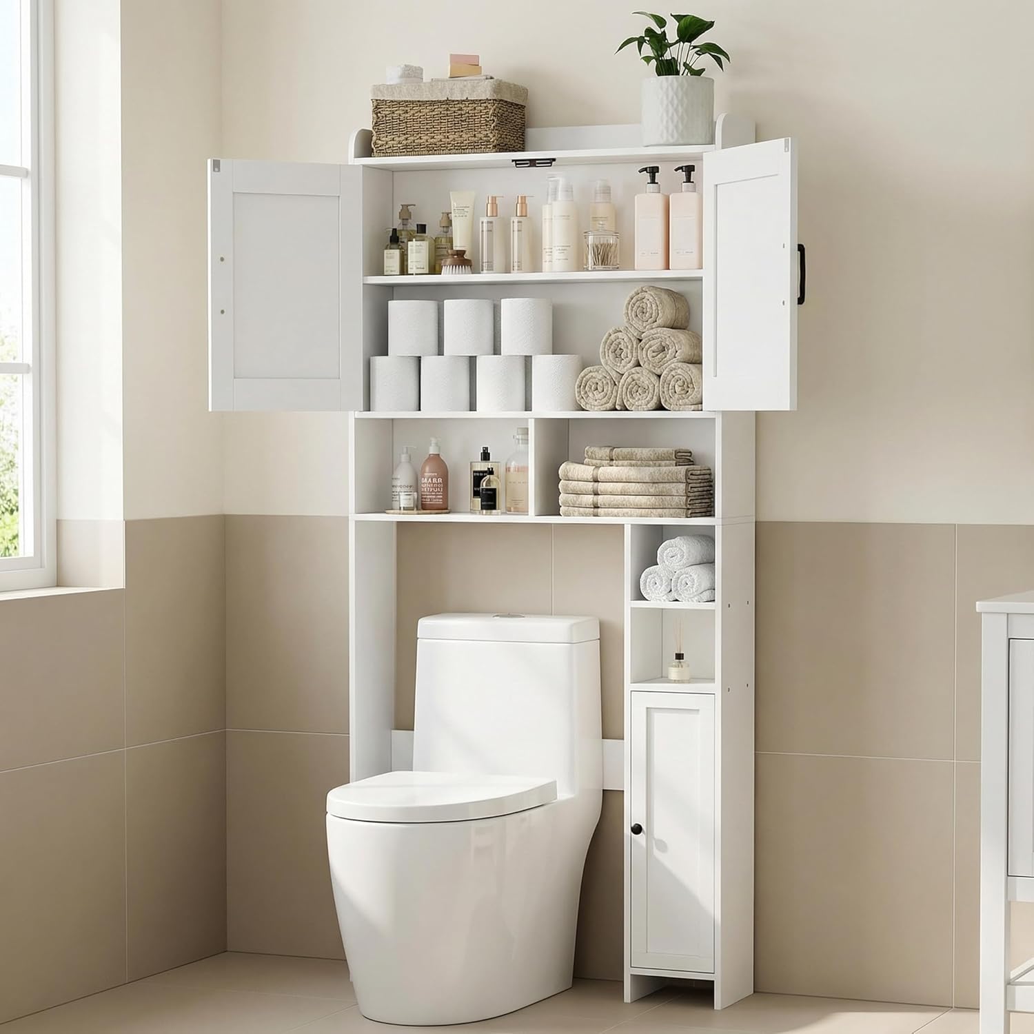 Wooden Over The Toilet Storage Cabinet with Barn Door | Freestanding Bathroom Storage, Toilet Paper Holder