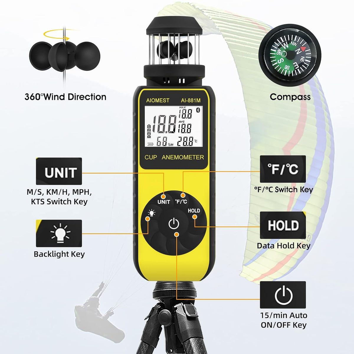 Handheld Anemometer Wind Cup 93MPH, AIOMEST 881M Air Flow Speed Meter Gauge