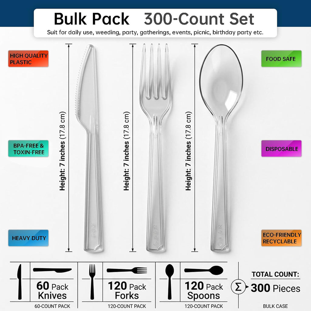 300 Count Heavy Duty Plastic Silverware, Bulk Disposable Utensils for Party