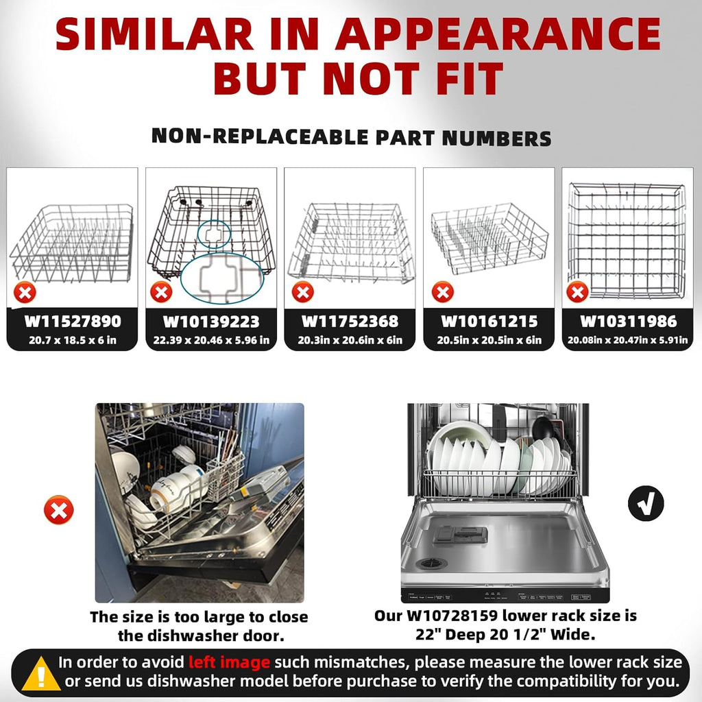 Cylrod Upgraded W10728159 Dishwasher Lower Rack with Wheels, 22"D by 20.5"W