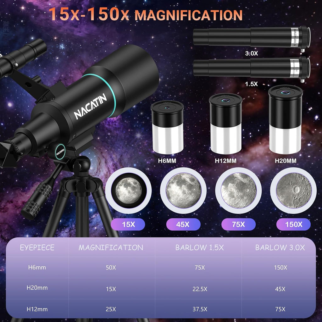 Telescope for Adults, 70mm Aperture 300mm Portable Refractor Telescope with 3 Eyepieces - Complete Kit with Phone