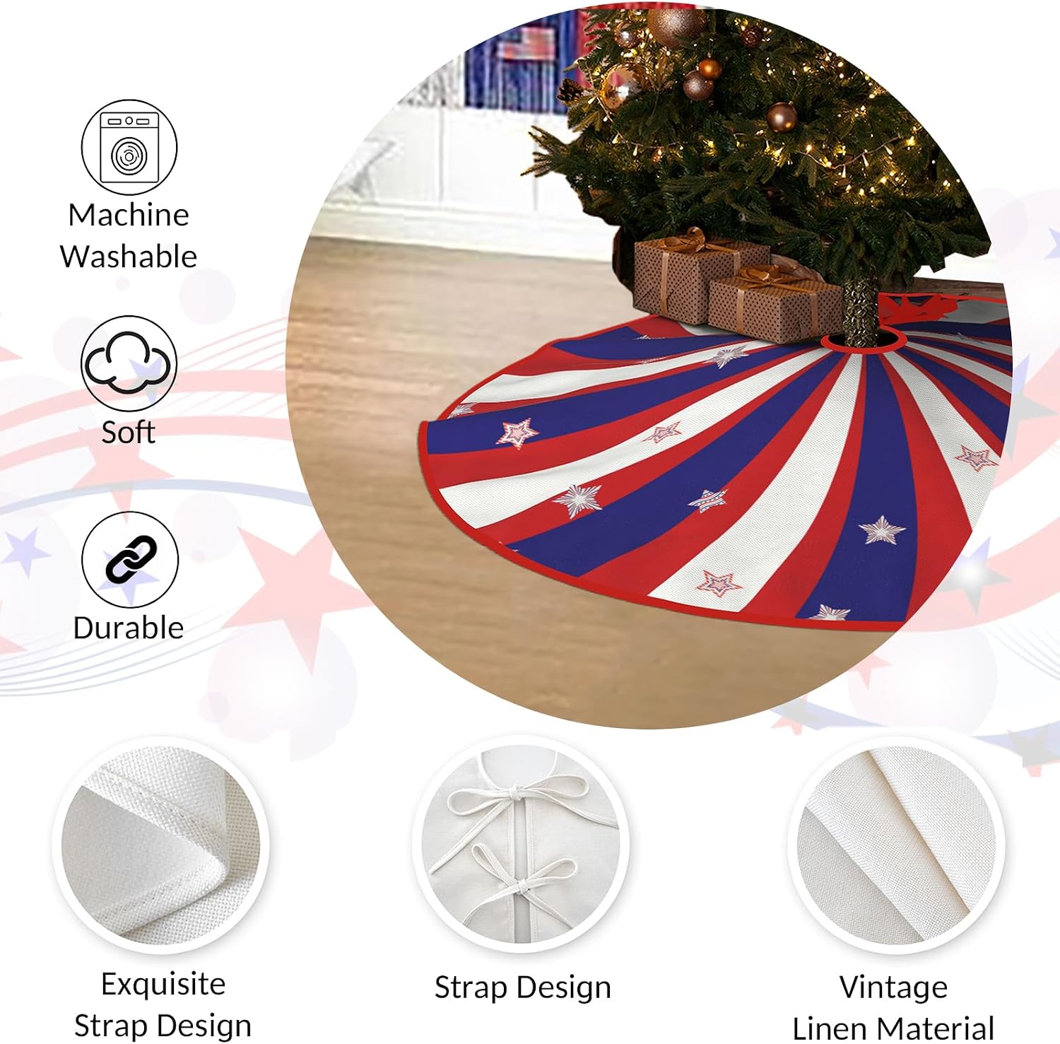 4th of July Patriotic Tree Skirt 48 Inch Independence Day Red Blue White Stripe Holiday Tree Skirts for Summer