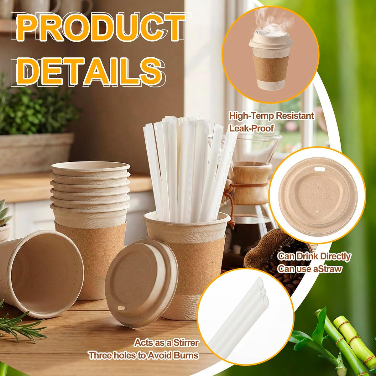 50 Sets Compostable Coffee Cups, Lids Sleeves Straws,12oz,Natural