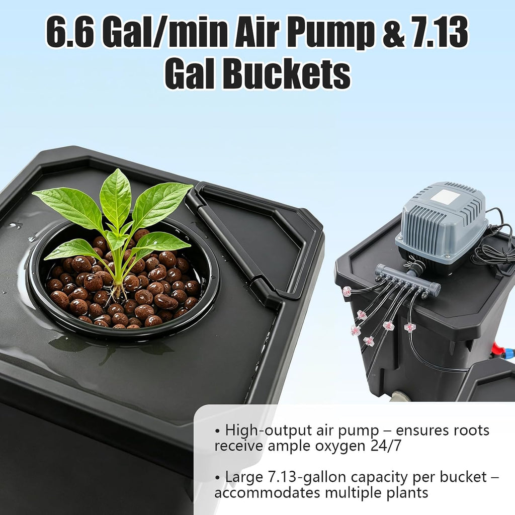 DWC Hydroponic System, Hydroponic Bucket Set (6 Planting Buckets+1 Storage Bucket), 7.13Gallon Water Culture Growing