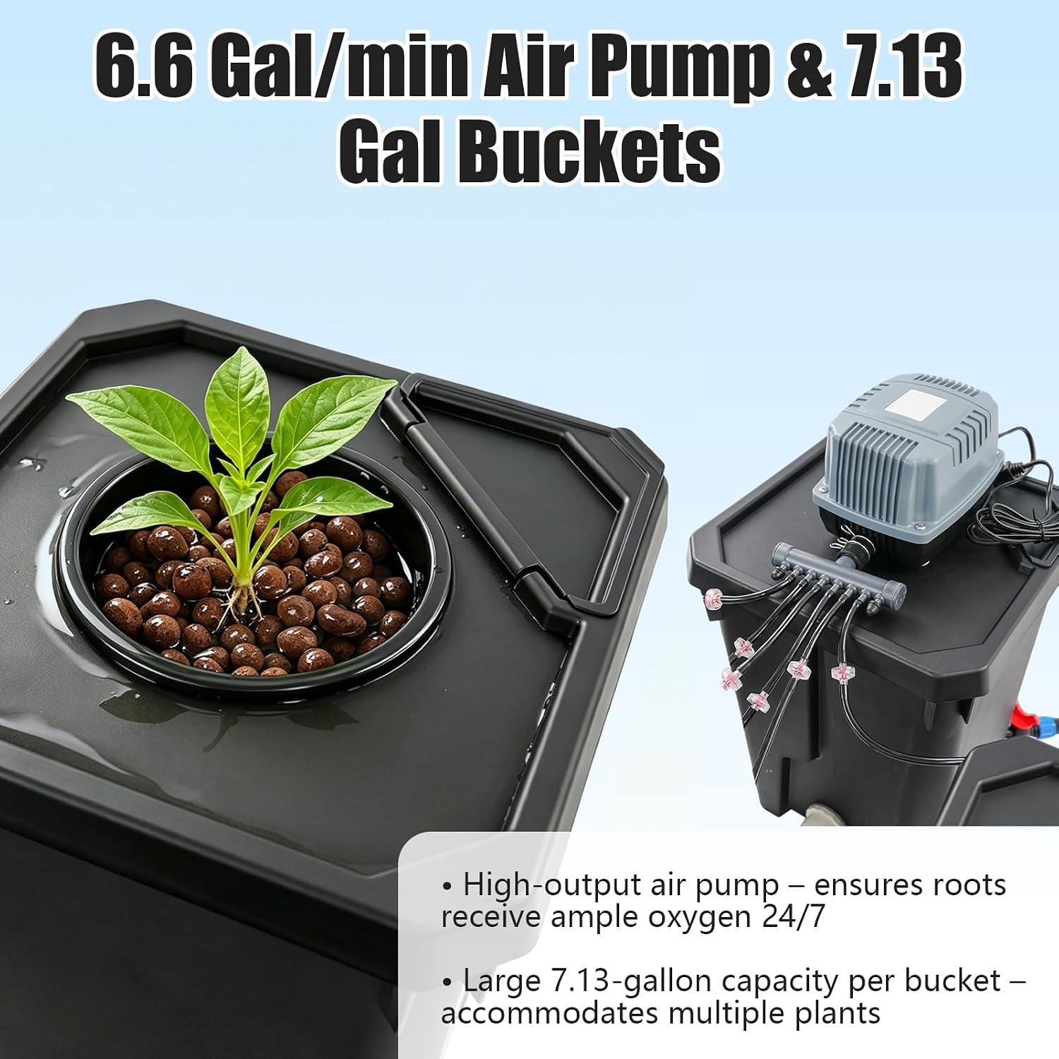 DWC Hydroponic System, Hydroponic Bucket Set (6 Planting Buckets+1 Storage Bucket), 7.13Gallon Water Culture Growing