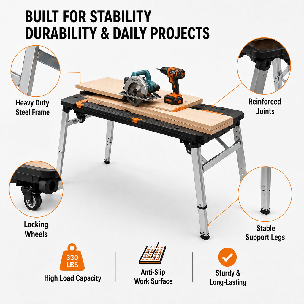 Folding Workbench 7 in 1 Portable Work Table with Wheels Height Adjustable