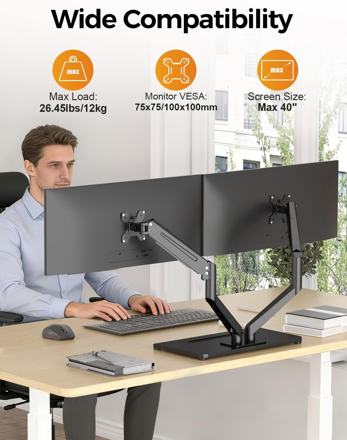 Dual Monitor Stand Free Standing Desk Mount, Premium Dual Monitor Arm Fits Two Screens up to 40 inch 26.45 lbs Fully