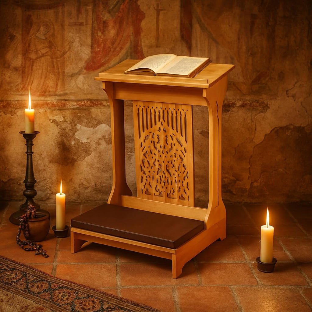 Tree of Life Church Prayer Bench Stool Wooden Padded Kneeler with Shelf and Cushion Prayer Kneeler for Home Church